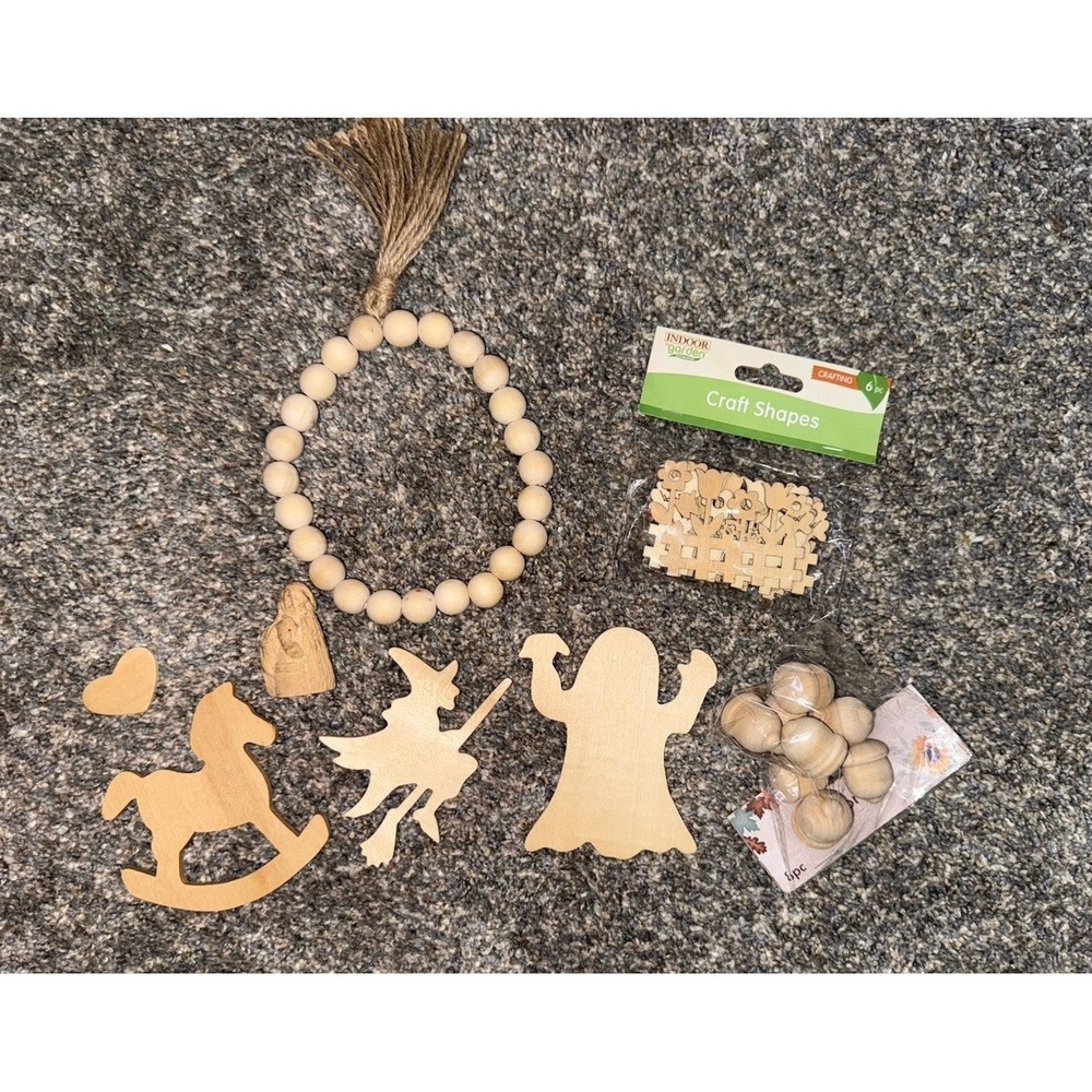 Mixed Wood Craft Supply Lot Unfinished Shapes Garland Acorns Witch Ghost Horse